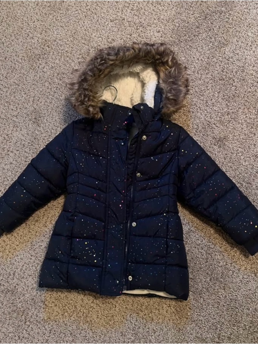 Girls' Navy Star-Print Puffer Coat with Faux-Fur Hood